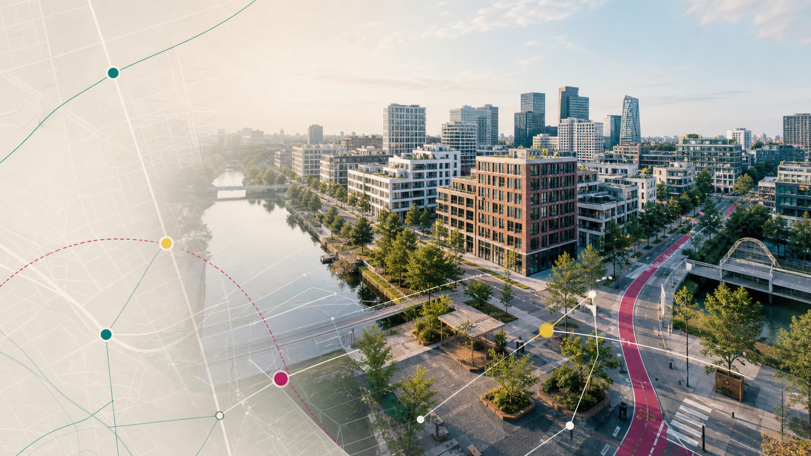 Abstracte stedelijke omgeving met routes en publieke ruimte